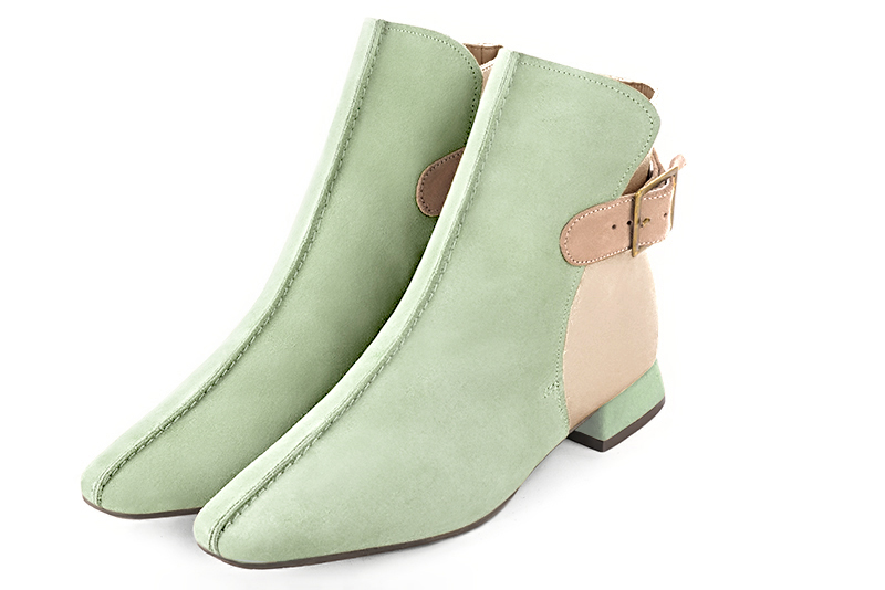 Women's mint green, gold and biscuit beige elegant ankle boots, with buckles at the back. Square toe. Flat flare heels - Front view